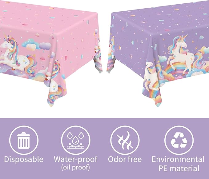 Gatherfun Unicorn Party Supplies Set: Perfect Unicorn Birthday Decorations, Includes 2-Pack Unicorn-Themed Tablecloths for Kids & Girls 1st Birthday, Disposable Table Covers 54 x 108 Inch