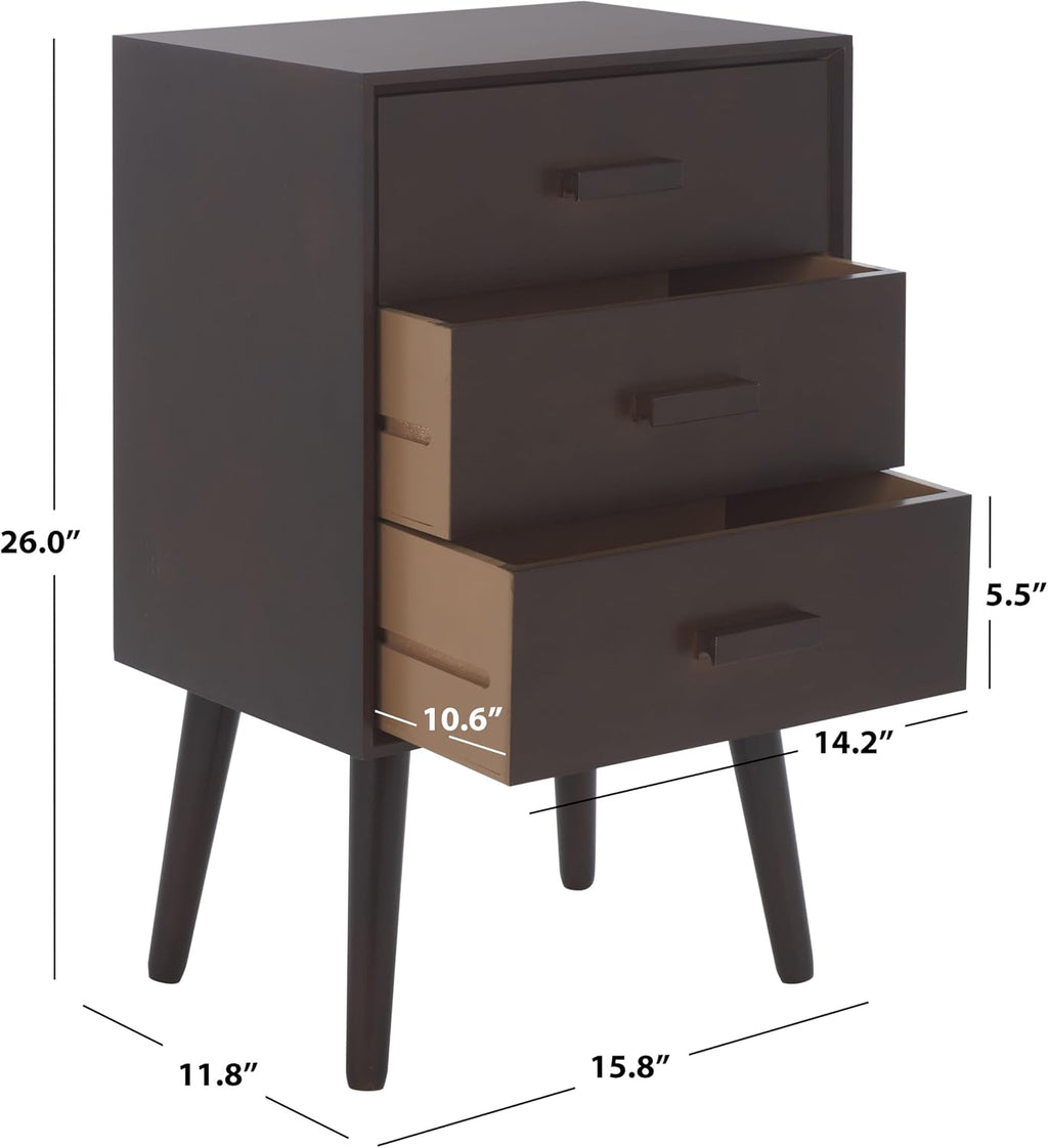 SAFAVIEH Home Collection - Pomona Dark Chocolate Nightstand, 3-Drawer Accent Table, Mid-Century Storage Cabinet (CHS5700E)