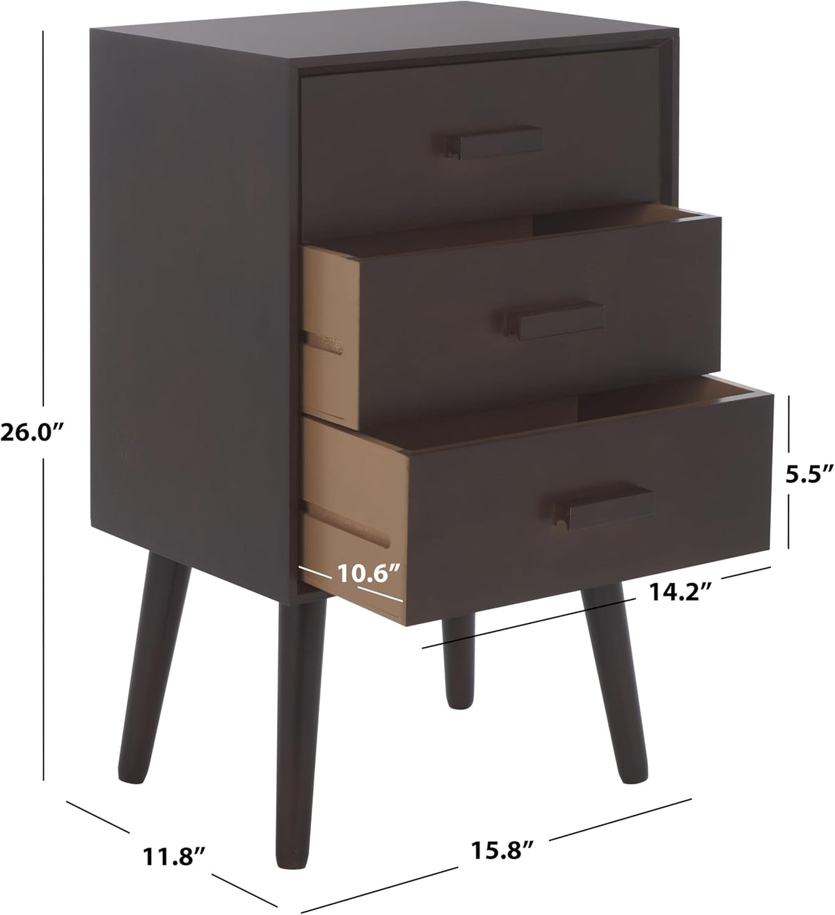 SAFAVIEH Home Collection - Pomona Dark Chocolate Nightstand, 3-Drawer Accent Table, Mid-Century Storage Cabinet (CHS5700E)
