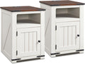 Farmhouse Night Stands Set of 2, 20" End Table w/Charging Station, Rustic Wood Bedside Table w/Groove Barn Door, Side Table with Storage w/Open & Adjustable Shelf for Bedroom, Living Room (White)