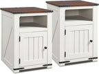 Farmhouse Night Stands Set of 2, 20" End Table w/Charging Station, Rustic Wood Bedside Table w/Groove Barn Door, Side Table with Storage w/Open & Adjustable Shelf for Bedroom, Living Room (White)
