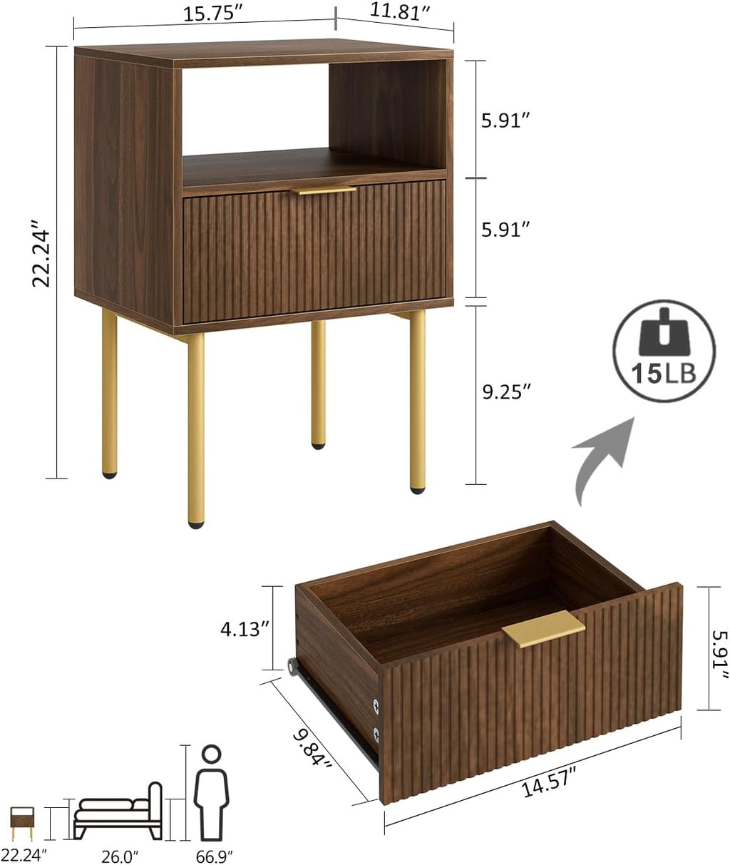 Masupu Night Stand,Mid-Century Modern Bedside Table with Storage Drawer and Open Wood Shelf,Small Gold Frame Side Table for Bedroom,Living Room, Walnut