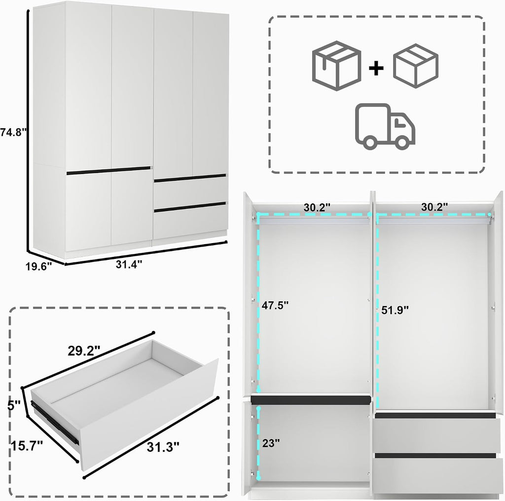 Wardrobe Closet with 4 Doors: 75" White Armoire with 2 Drawers, Wooden Wardrobe for Hanging Clothes, Tall Storage Cabinet with Shelves and Hanging Rod (A+C, 63")