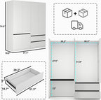 Wardrobe Closet with 4 Doors: 75" White Armoire with 2 Drawers, Wooden Wardrobe for Hanging Clothes, Tall Storage Cabinet with Shelves and Hanging Rod (A+C, 63")