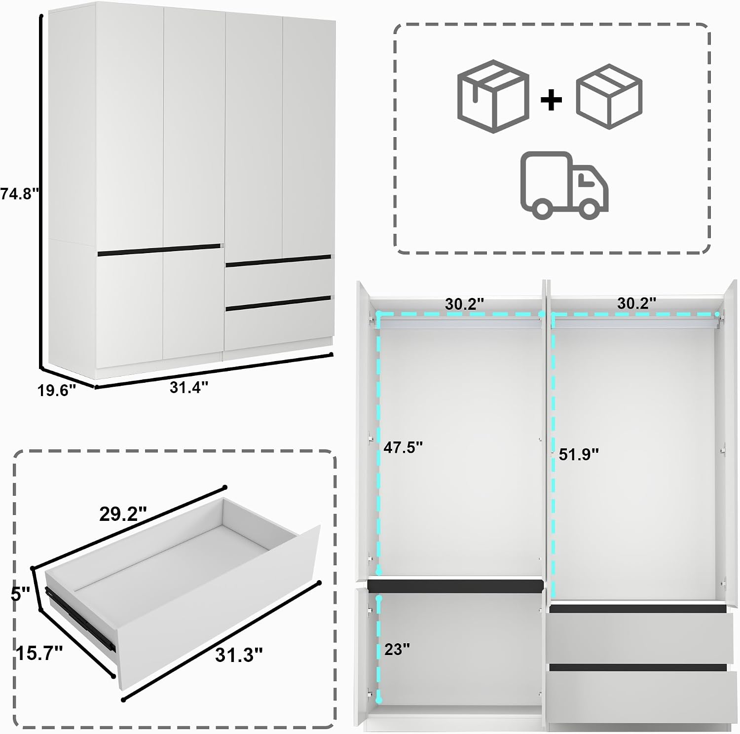 Wardrobe Closet with 4 Doors: 75" White Armoire with 2 Drawers, Wooden Wardrobe for Hanging Clothes, Tall Storage Cabinet with Shelves and Hanging Rod (A+C, 63")