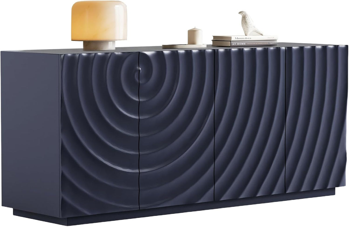 4 Door Modern Sideboard Buffet Cabinet with Spiral Grain, Accent Storage Sideboard Freestanding Anti-Dumping Storage Cabinet Buffet for Kitchen & Living Room (Navy Blue)