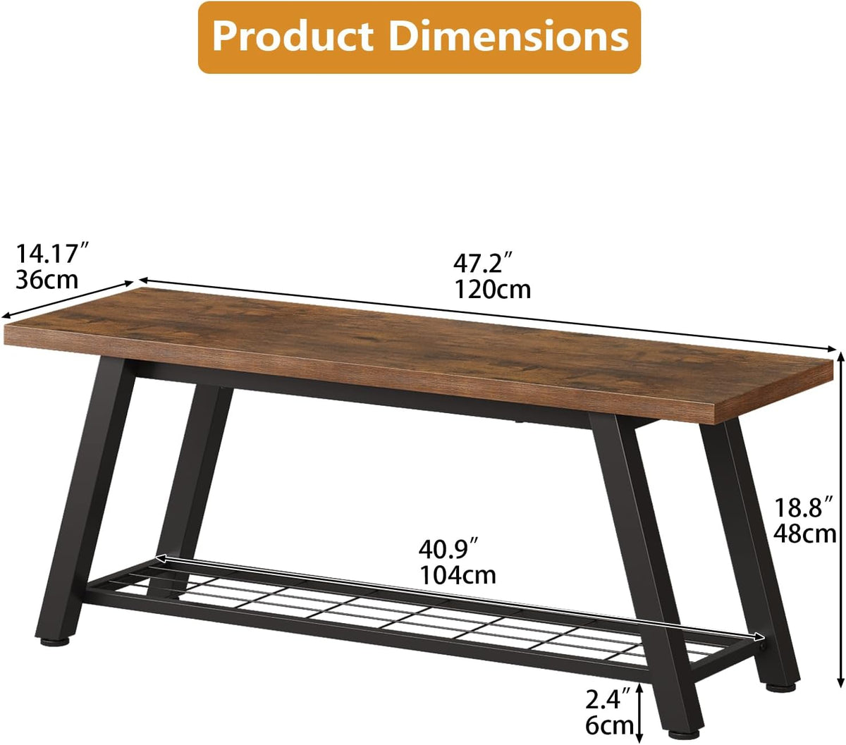 Oastreeful Storage Bench Industrial Rustic Wooden and Metal Entryway Shoe Boots Storage Rack Long Bench Seat for Hallway Bedroom Retro Brown Farmhouse Style