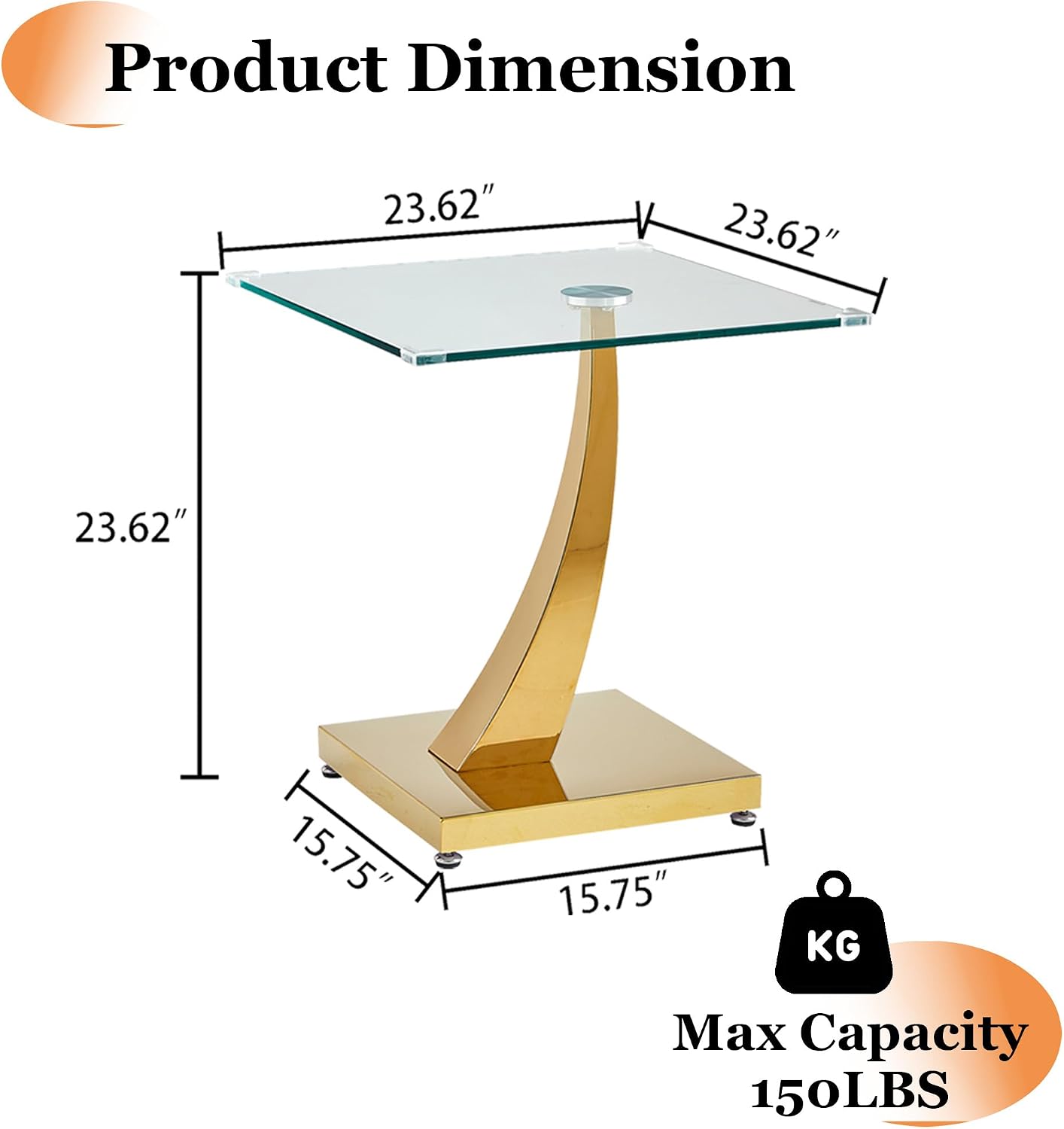23" Glass End Table, Modern Square Side Table with Tempered Glass Top and Gold Horn-Shaped Stainless Steel Base for Apartment, Office