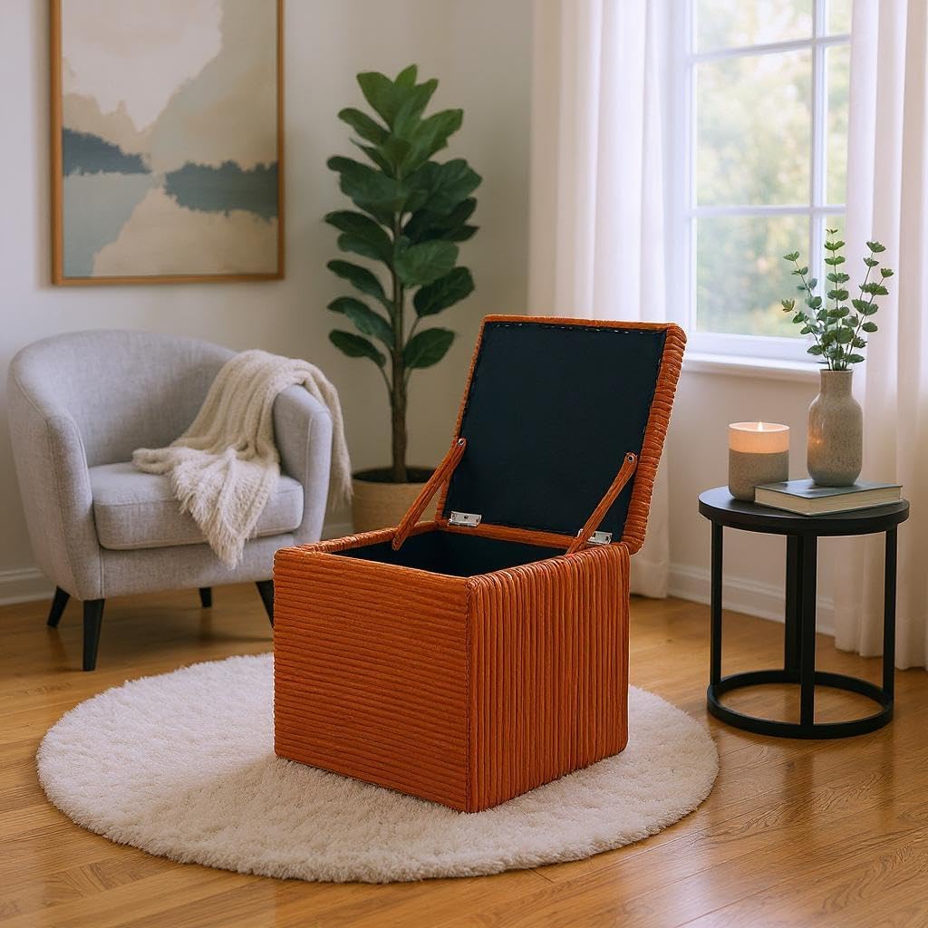 Orange Corduroy Storage Ottoman with Rubber Feet – Compact Soft Cube Seat, 42×42×44cm