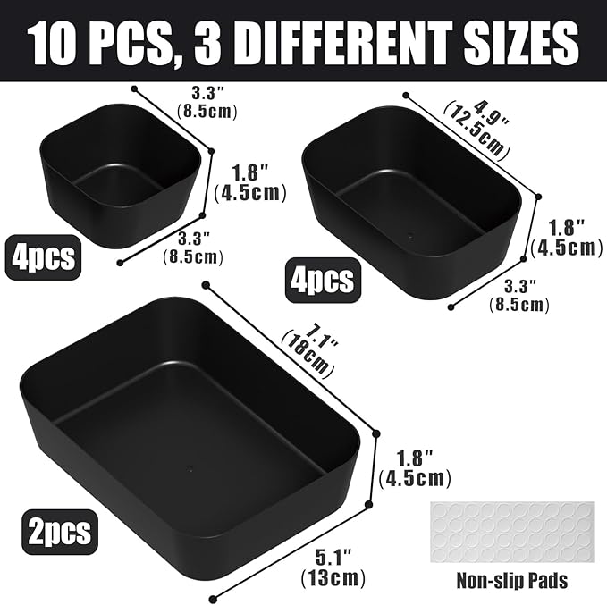 Plastic Drawer Organizers, 10 PCS Drawer Organizer Bins, Bathroom and Vanity Organizer Plastic Tray, Makeup organizer and storage for Makeup, Bedroom, Kitchen Gadgets Utensils and Office (Black)