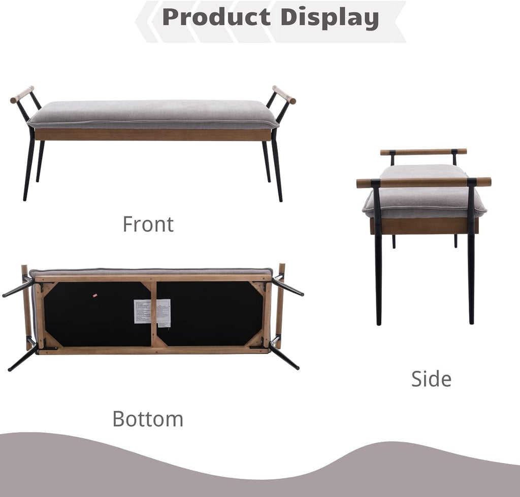 HEAH-YO Modern Dining Bench, 51 Inches Entryway Bench with Armrests, Upholstered Chenille Fabric End of Bench for Bedroom, Grey