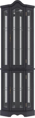 BELLEZE Lighted 3-Side Glass Display Curio Cabinet w/Tempered Glass Doors and Shelves, Curved Wood Corner Cabinet with Bulb, Corner Storage Rack for Living Room and Kitchen (Black)