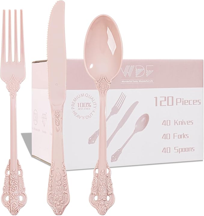 WDF 120 Pieces Heavy Duty Pink Plastic Silverware - Pink Plastic Cutlery Set - Disposable Pink Utensils - Disposable Flatware Includes 40 Forks, 40 Spoons, 40 Knives for Party, Wedding