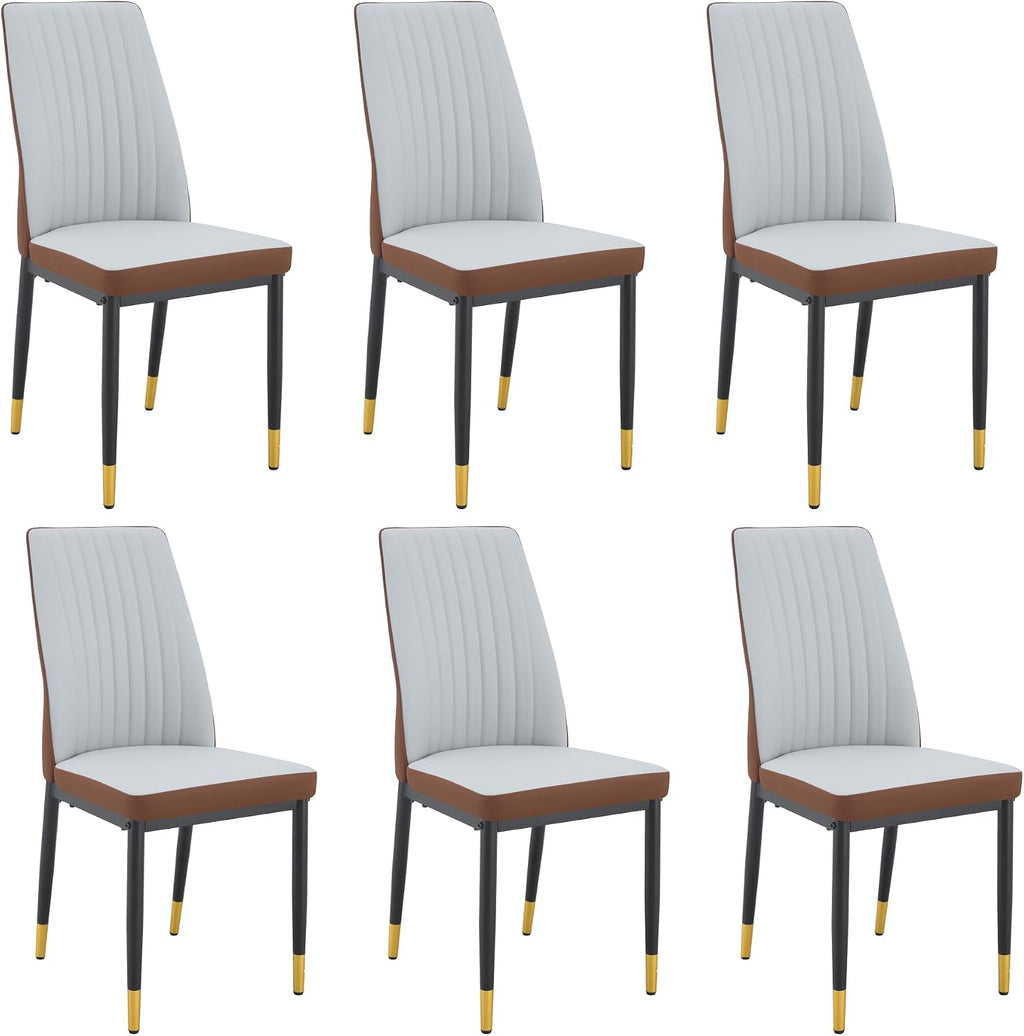 Dining Room Chairs Set of 6, Leather Two-Tone Leather Upholstery Kitchen Chairs with High Back, Vertical Channel Stitching, Powder-Coated Black Metal Legs for Dining Room, Kitchen, Living Room