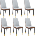 Dining Room Chairs Set of 6, Leather Two-Tone Leather Upholstery Kitchen Chairs with High Back, Vertical Channel Stitching, Powder-Coated Black Metal Legs for Dining Room, Kitchen, Living Room