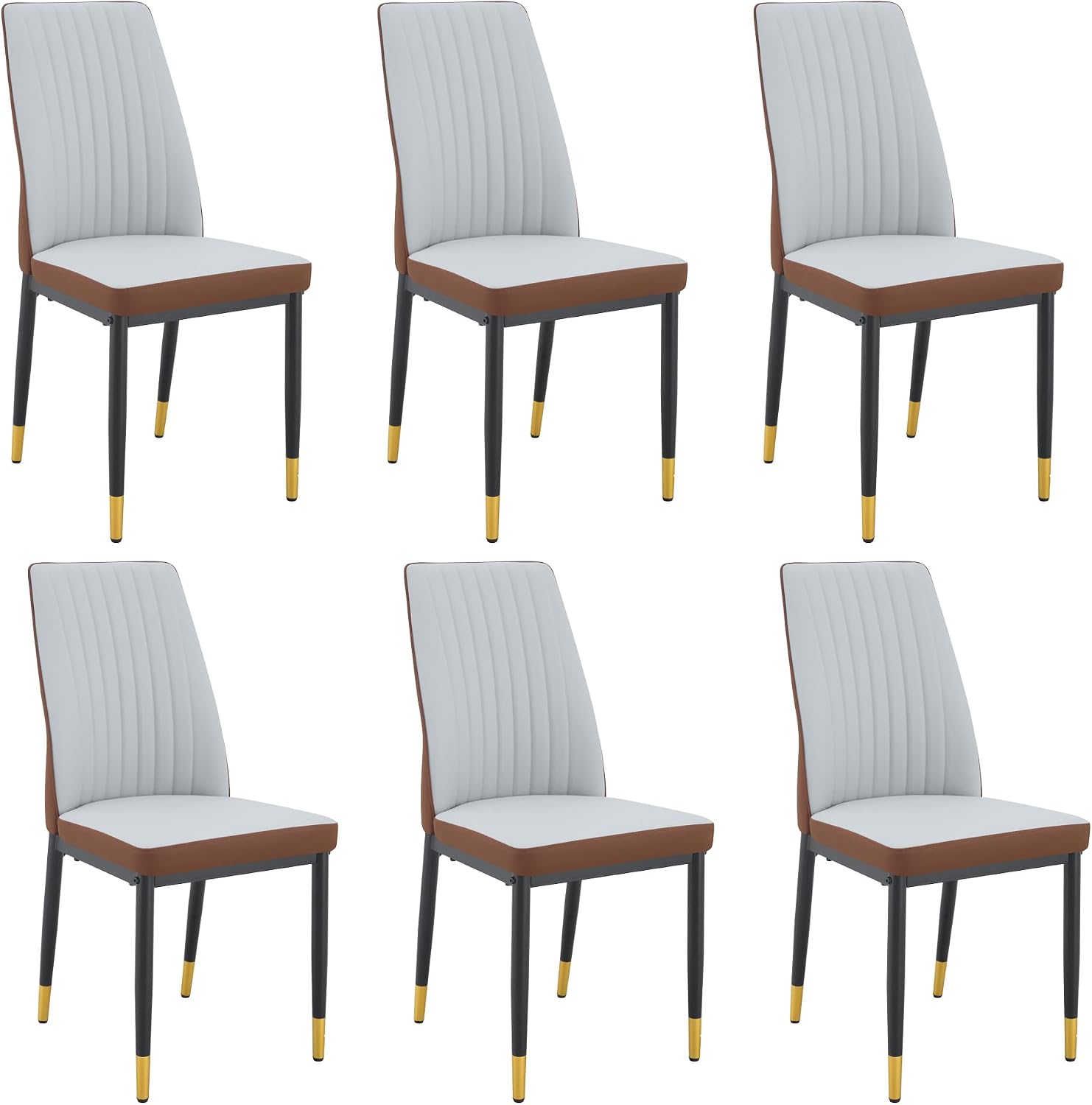 Dining Room Chairs Set of 6, Leather Two-Tone Leather Upholstery Kitchen Chairs with High Back, Vertical Channel Stitching, Powder-Coated Black Metal Legs for Dining Room, Kitchen, Living Room