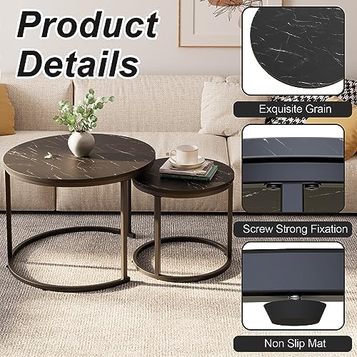 aboxoo Round Nesting Coffee Table Side Set of 2 End Tables for Living Room Bedroom Balcony,Black Faux Marble Wooden Table 23.6IN Accent Large Coffee Table with Steel Frame