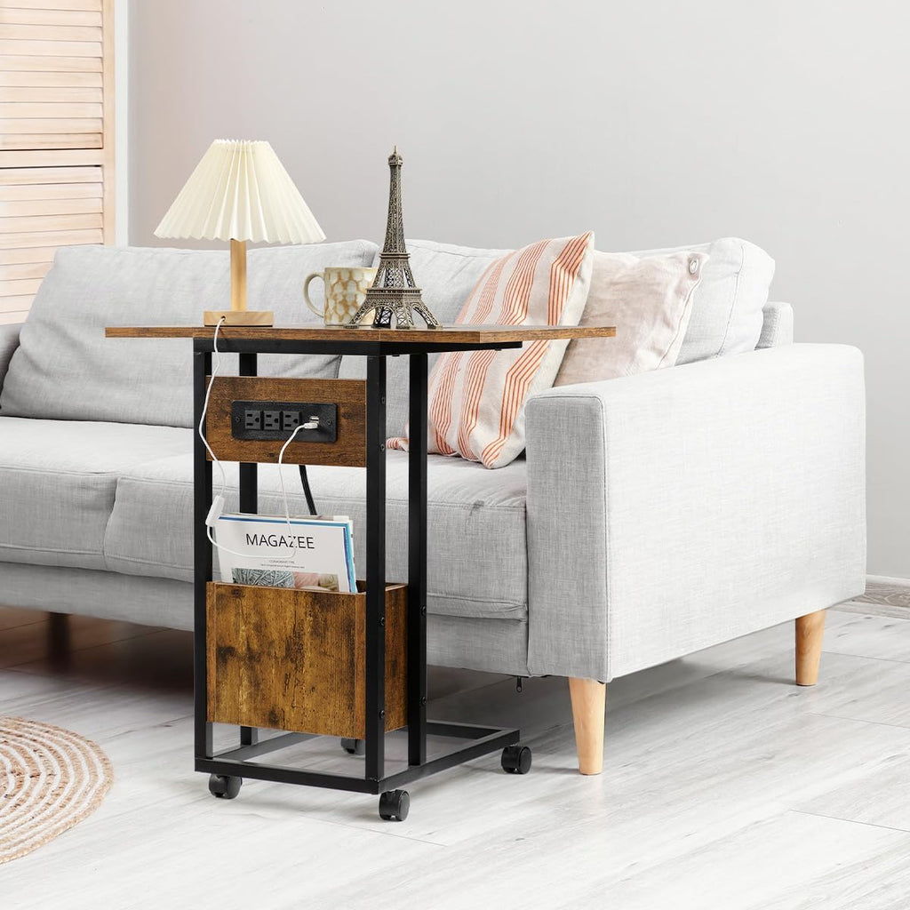 Hadulcet C Shaped End Table with Charging Station & Foldable Tabletop, Folding TV Tray Table with Storage, Laptop Table for Couch, C Table for Sofa, Living Room Bedroom Small Spaces, Rustic Brown
