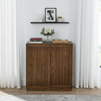 Mid Century Modern Sideboard Cabinet | Slim Fluted Credenza with Sliding Doors | Narrow Storage Buffet Console Table for Small Spaces, Living Room, Entryway, Kitchen (Walnut, 32")