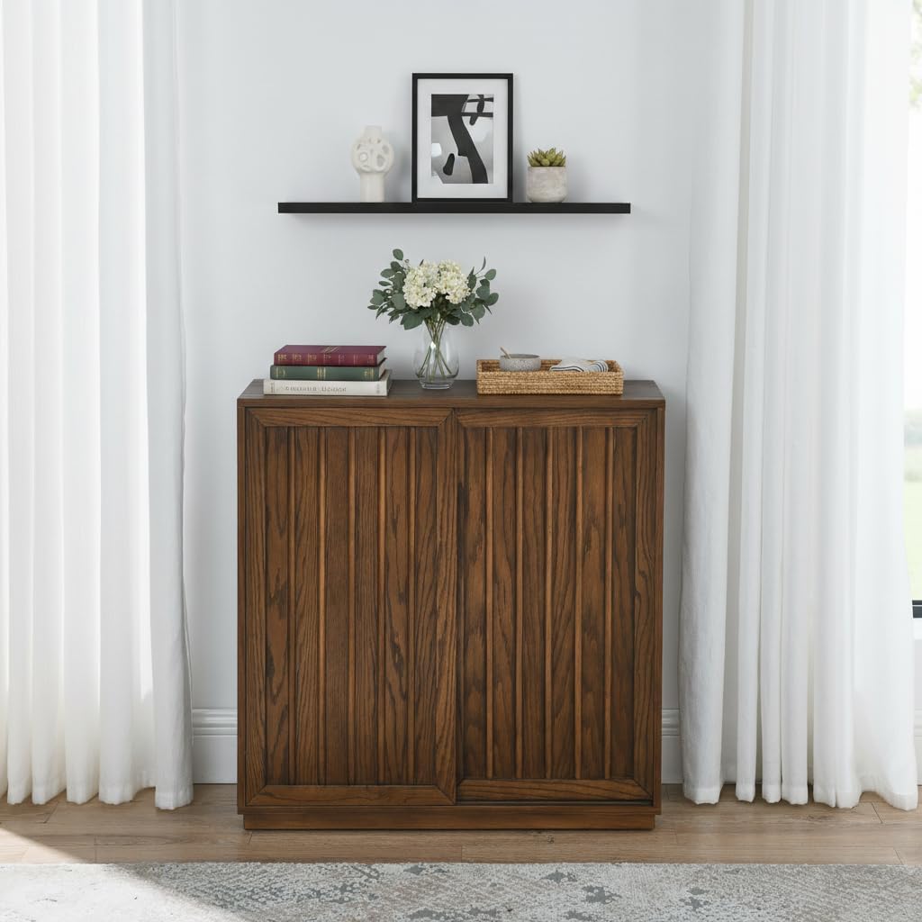 Mid Century Modern Sideboard Cabinet | Slim Fluted Credenza with Sliding Doors | Narrow Storage Buffet Console Table for Small Spaces, Living Room, Entryway, Kitchen (Walnut, 32")
