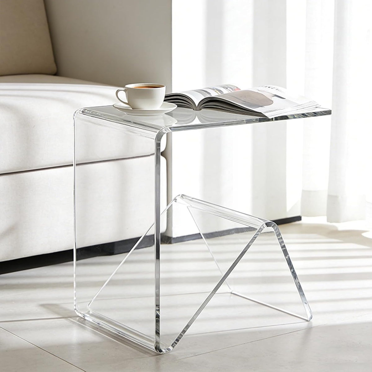 Acrylic C-Shaped Sofa End Table, Acrylic Clear Couch Side Table Modern Tray Snack Table Nightstand Portable Beside Table for Living Room Couch Bedroom