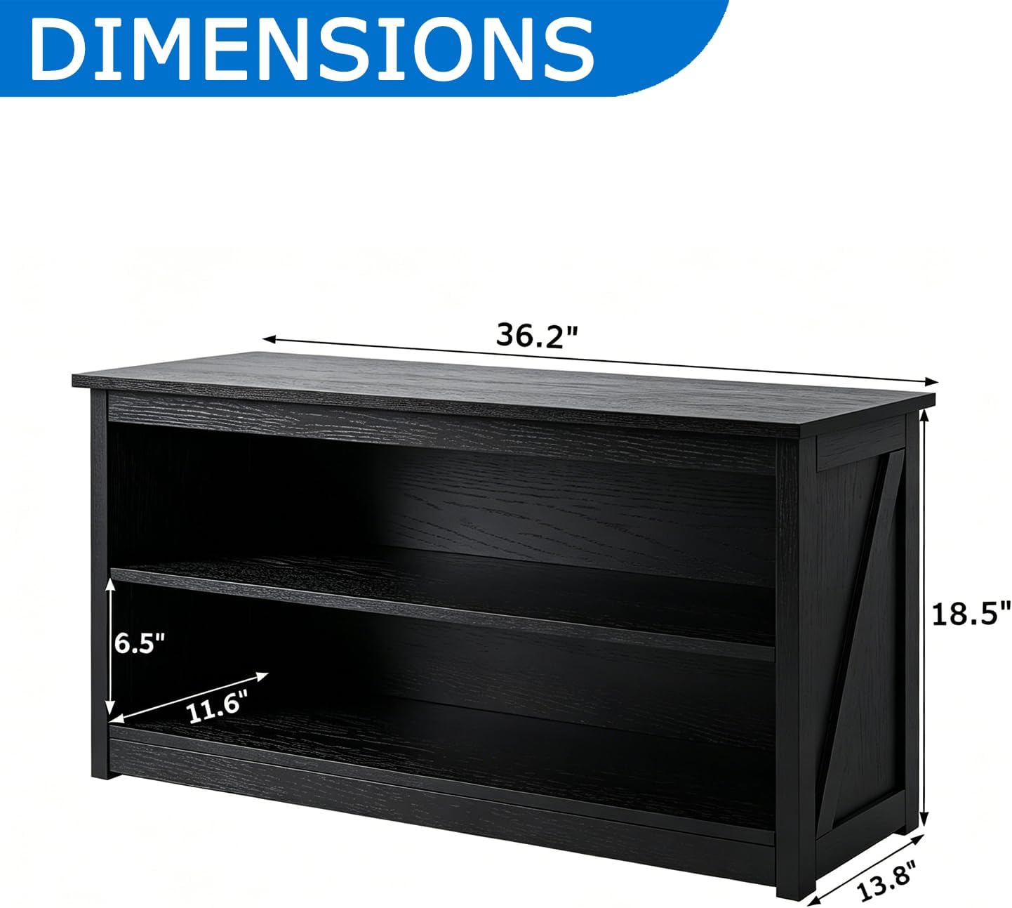Farmhouse Storage Bench with 2-Tier Open Shelf, Shoe Bench with Cushion for Entryway, Mudroom, Hallway, Living Room & Bedroom Organization, Black