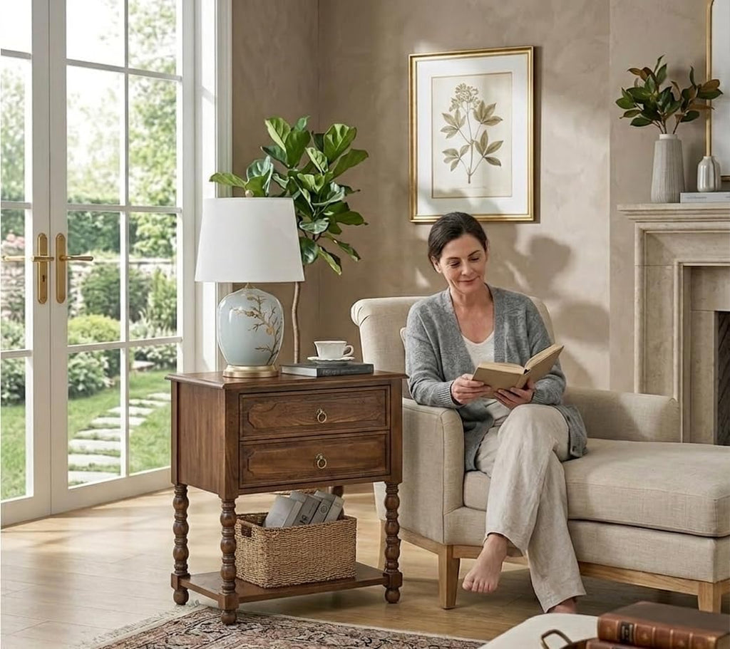 HULALA HOME Farmhouse Storage End Table Set of 2 with 2 Drawers and Open Shelf, Solid Wood Side Table with Spindle Legs, End Table with Charging Station (Walnut)
