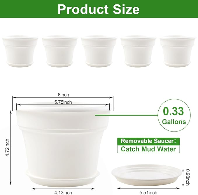 6 Inch Plastic-Flower Pot-for-Indoor Plants, 6 Pack Outdoor Plant Pots with Drainage Holes & Saucers, Resin Garden Pots Planters
