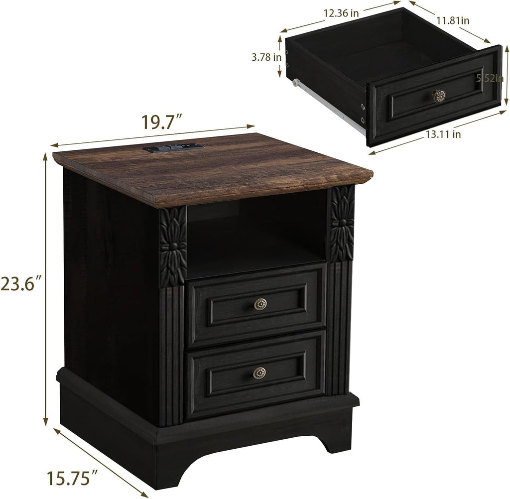 BOSHIRO Farmhouse Nightstand wtih Charging Station, 20" End Table with 2 Drawers, Night Stand Side Table Storage Cabinet with Carved Pilasters for Bedroom,Wood Rustic, Black
