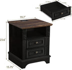 BOSHIRO Farmhouse Nightstand wtih Charging Station, 20" End Table with 2 Drawers, Night Stand Side Table Storage Cabinet with Carved Pilasters for Bedroom,Wood Rustic, Black
