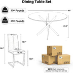 5-Piece Round Dining Table Set for 4, 47" Small Circle Tempered Glass Kitchen Table Set with Chrome Silver Leg, Upholstered Chair Side Chair for Dining Room Apartment Home, White