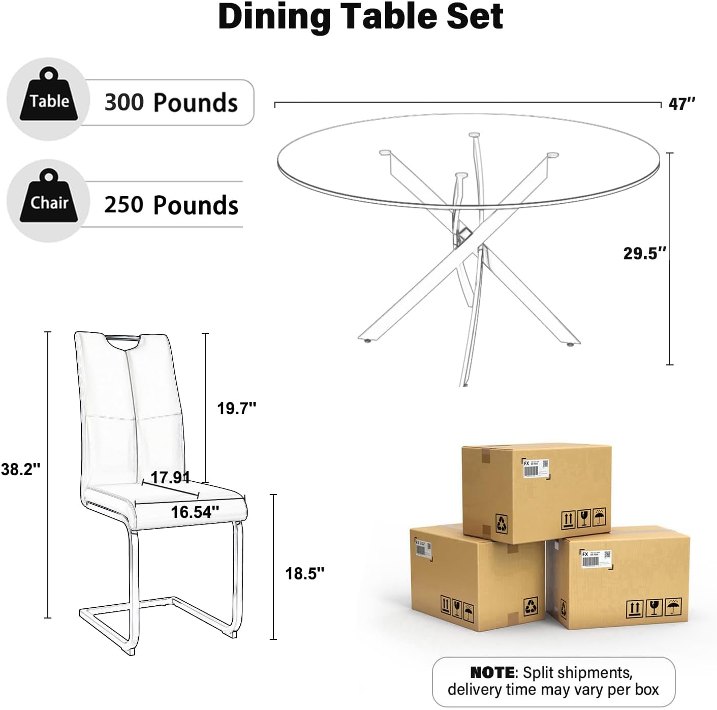 5-Piece Round Dining Table Set for 4, 47" Small Circle Tempered Glass Kitchen Table Set with Chrome Silver Leg, Upholstered Chair Side Chair for Dining Room Apartment Home, White