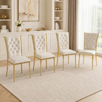 Velvet Dining Chairs Set of 4, Modern Kitchen Chair with Gold Metal Legs, Luxury Upholstered Tufted Dining Room Chairs for Home, Apartment, Living Room - Beige