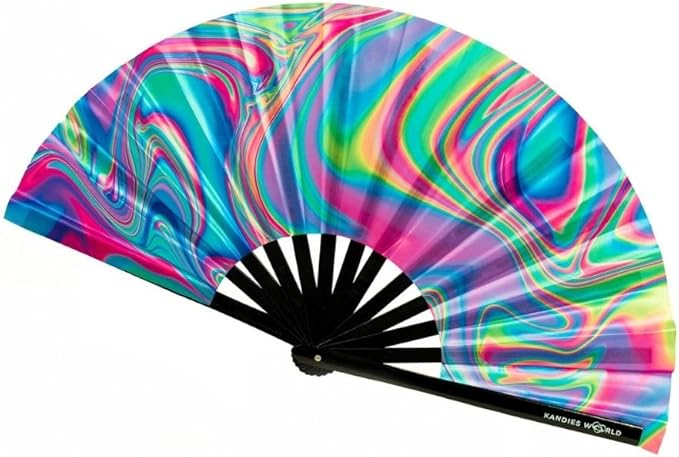 Kandies World UV Reactive Custom Festival Folding Hand Fan - Unique Designs, Made of Bamboo, Clacking Sound, Lightweight - Perfect Rave and Festival Accessory!