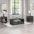 Pemberly Row 3-Piece Coffee & End Table Set, Walnut Finish, Oak Veneers and Solid Hardwood, Built-in Storage Drawers, Open Shelves, Contemporary Style Living Room Furniture