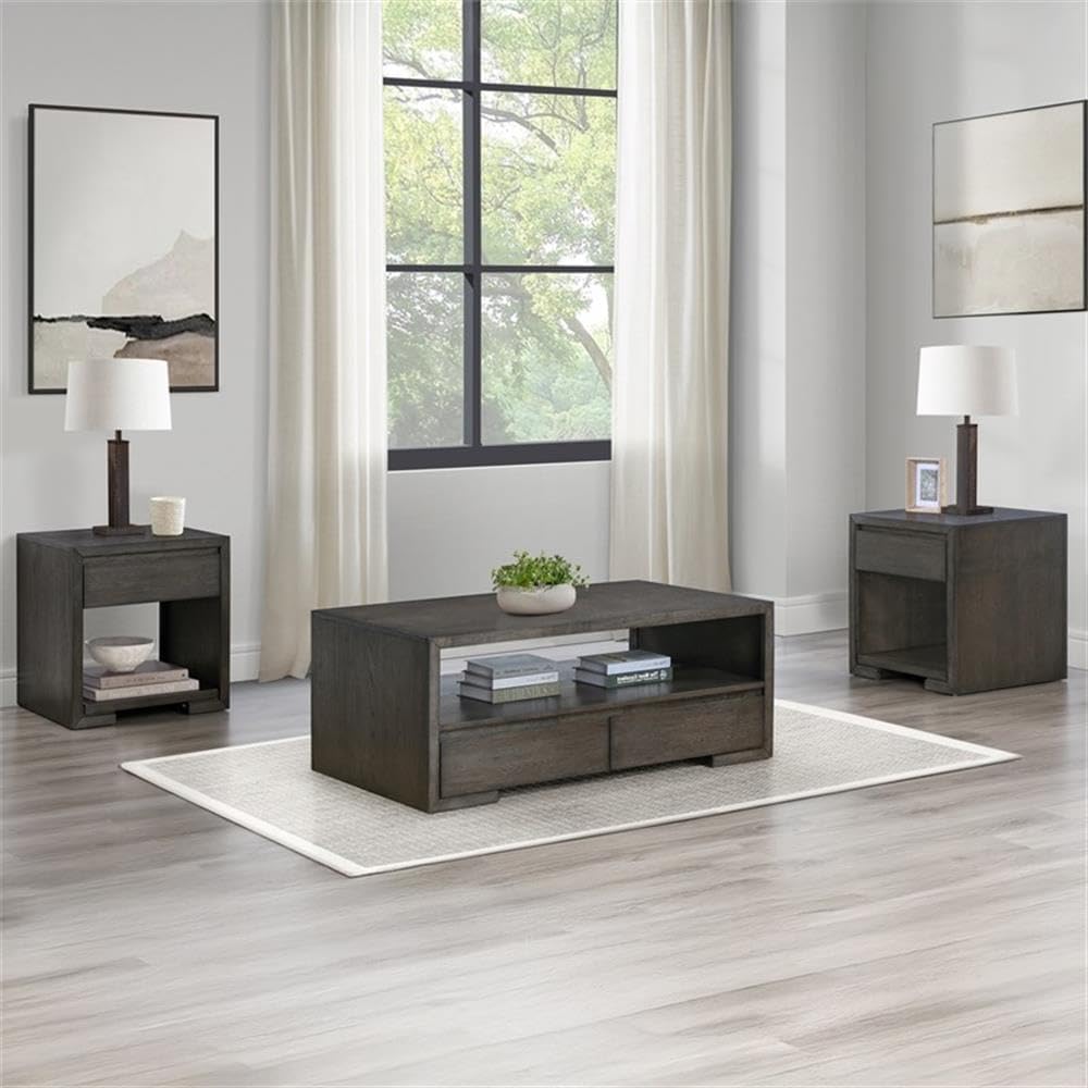 Pemberly Row 3-Piece Coffee & End Table Set, Walnut Finish, Oak Veneers and Solid Hardwood, Built-in Storage Drawers, Open Shelves, Contemporary Style Living Room Furniture