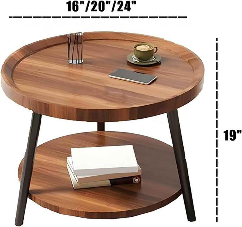Small Round Side Table, 2-Tier Mid Century Modern Side Table, Round End Table Small End Table for Living Room, Metal Frames, Brown