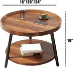 Small Round Side Table, 2-Tier Mid Century Modern Side Table, Round End Table Small End Table for Living Room, Metal Frames, Brown