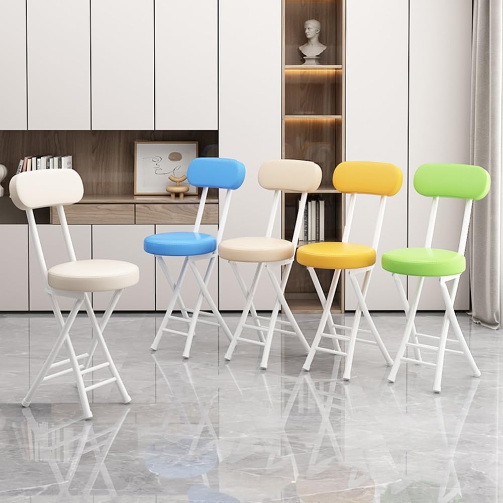 Folding Stool with Backrest, Cushioned Padded Leather Round Portable Foldable Bar Stool Chair for Kitchen(Green)