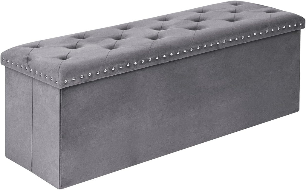 Velvet Storage Ottoman Bench, 43.3" Upholstered Tufted Ottoman with Storage, Folding Footrest Bench for Bedroom, Living Room, or Entryway, Grey