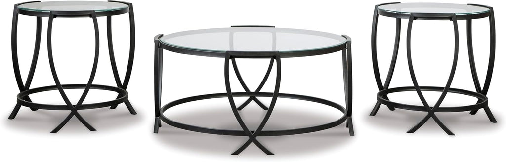 GTU Furniture Contemporary Glass Round 3-Piece Coffee Table Set, Cocktail Table with 2 Matching End Tables, Black Finish for Living Room
