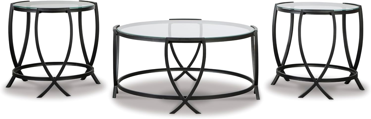 GTU Furniture Contemporary Glass Round 3-Piece Coffee Table Set, Cocktail Table with 2 Matching End Tables, Black Finish for Living Room