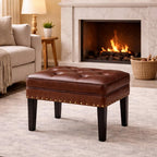 Glitzhome Faux Leather Foot Stool, Mid Century Modern Foot Stools Ottoman, Vintage Ottoman Tufted Square Vanity Seat, Coffee