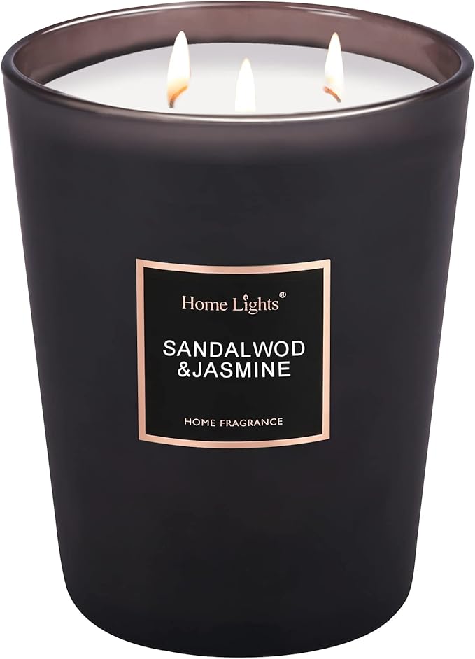 HomeLights Scented Candles | Large Jar 33.3 Oz Natural Soy Candle | 130 hrs with 3 Cotton Wicks, Sandalwood Jasmine Home Fragrance Candles Gift