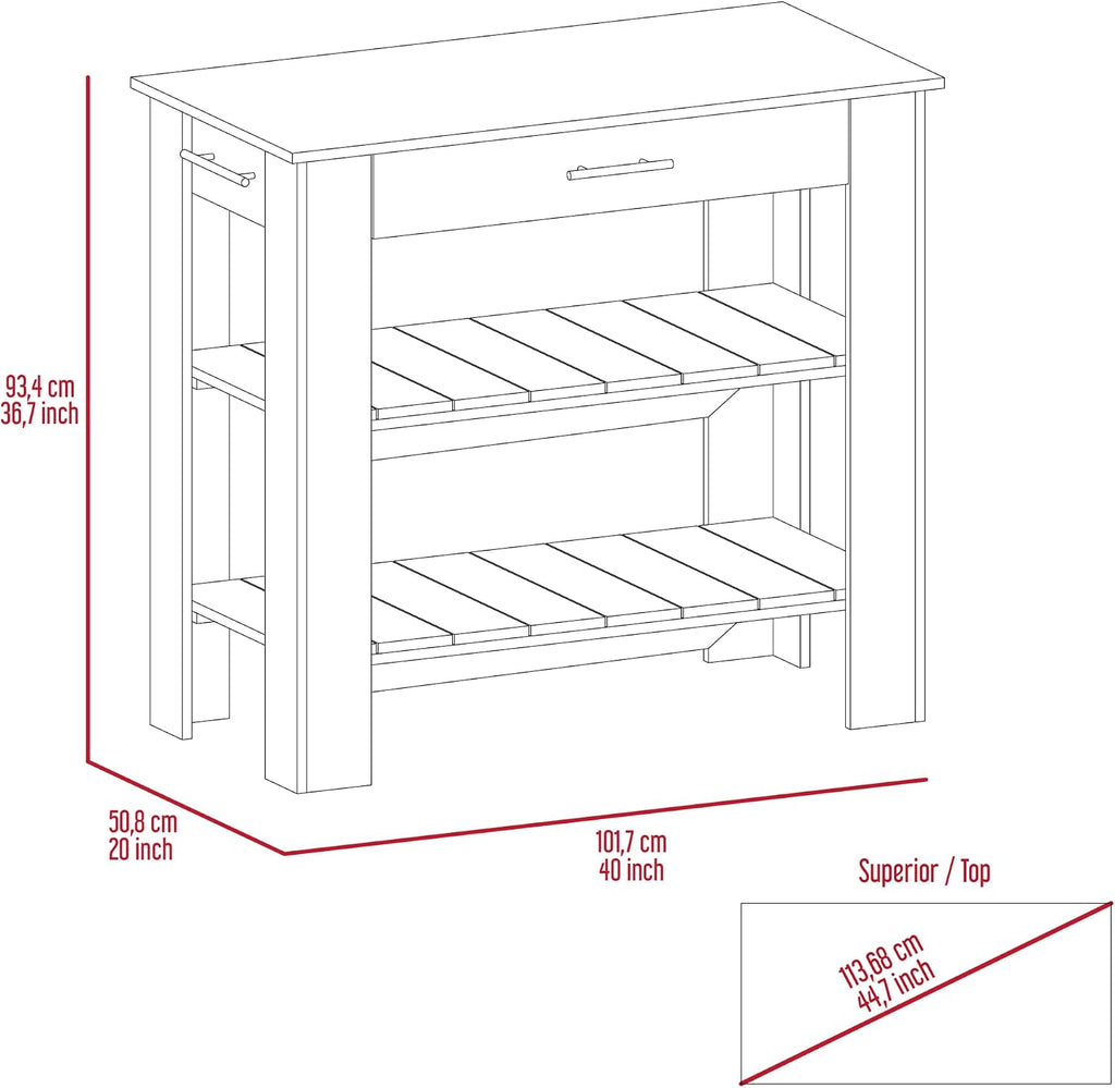 Kitchen Island with Two Shelves, One Drawer, Four Legs, Towel Hanger, Black | Combines two open shelves, one drawer, and towel hanger for storage