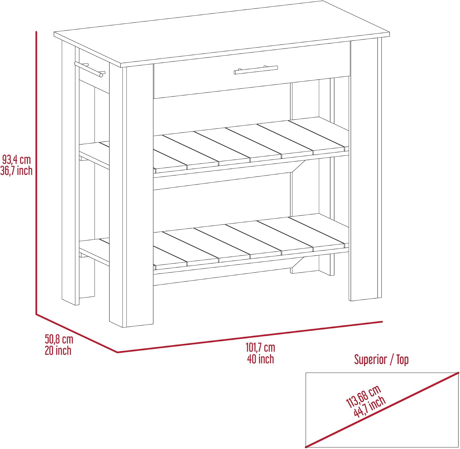 Kitchen Island with Two Shelves, One Drawer, Four Legs, Towel Hanger, Black | Combines two open shelves, one drawer, and towel hanger for storage