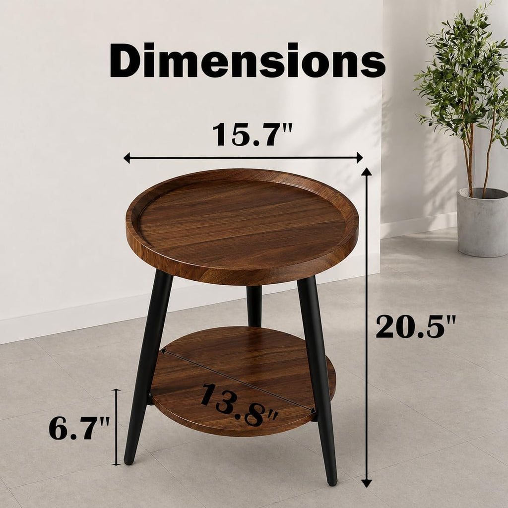 Small Round Side Table, 2-Tier Mid Century Modern Side Table, Round End Table Small End Table for Living Room, Metal Frames, Brown