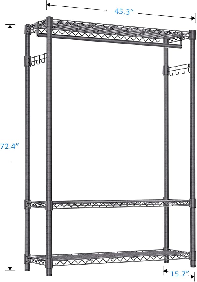 IZEUK Heavy Duty Garment Rack, Freestanding Clothing Rack for Hanging Clothes with 1 Rod, 3 Tiers & Side Hooks, Adjustable Metal Wardrobe Closet Organizer, 45.3" W x 15.7" D x 72.4" H, Dark Grey