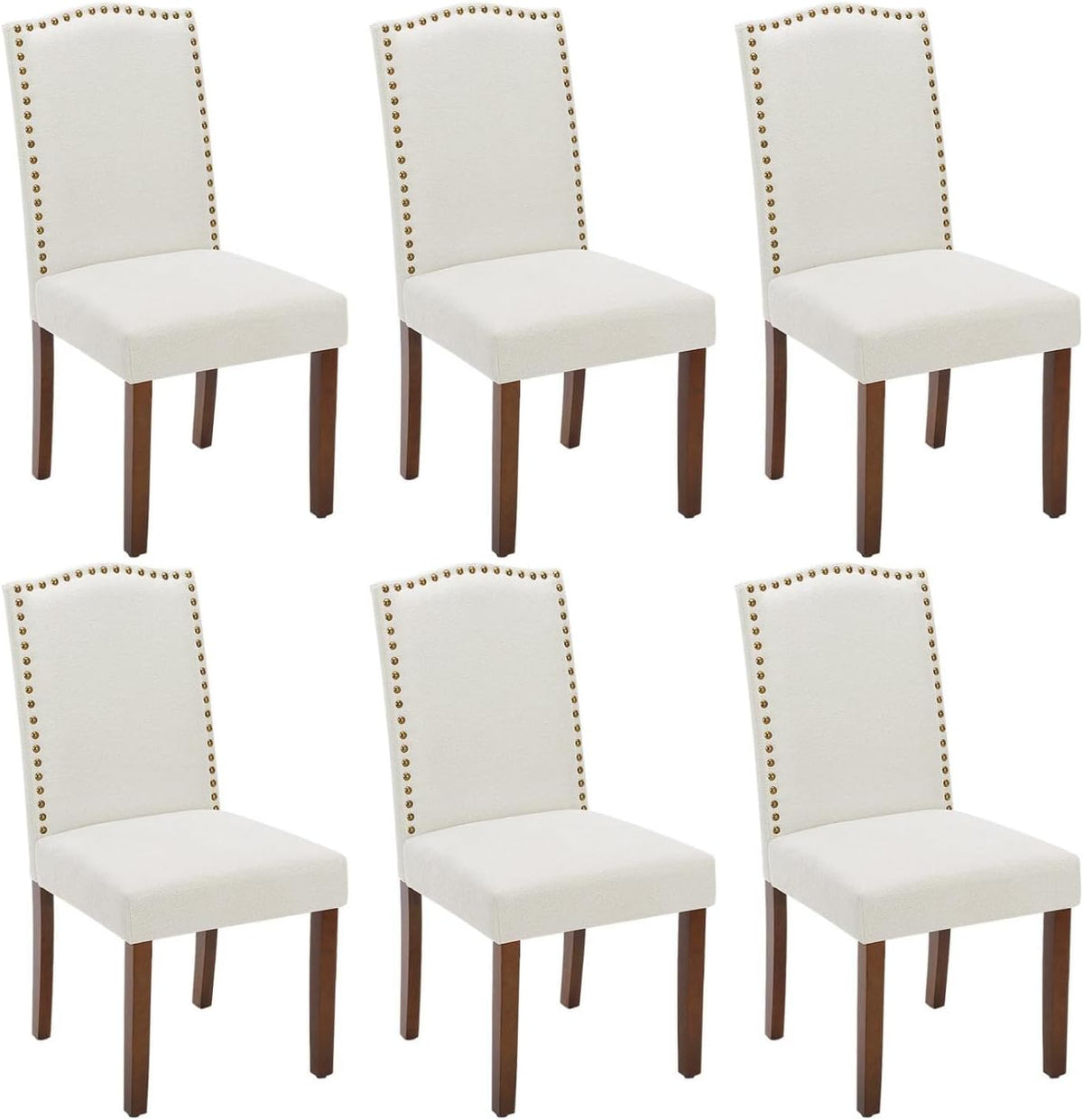 Kitchen Chairs Set of 6 Modern Upholstered Fabric Seat with Nailhead Trim and Ergonomic Lumbar Support for Living Room and Rustic Farmhouse Dining Area, Beige