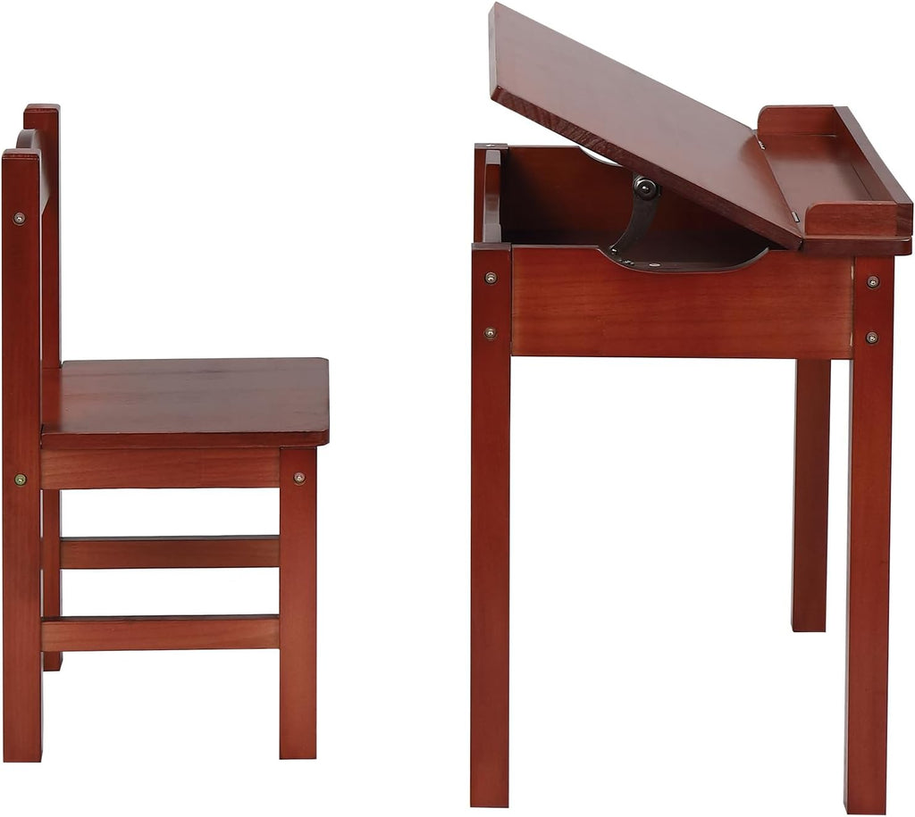 Vasitelan Table and Chair Set, Flip Top Wooden Study Desk w/Chair for Playroom, Wood Activity Table Set w/Storage Space (Coffee)